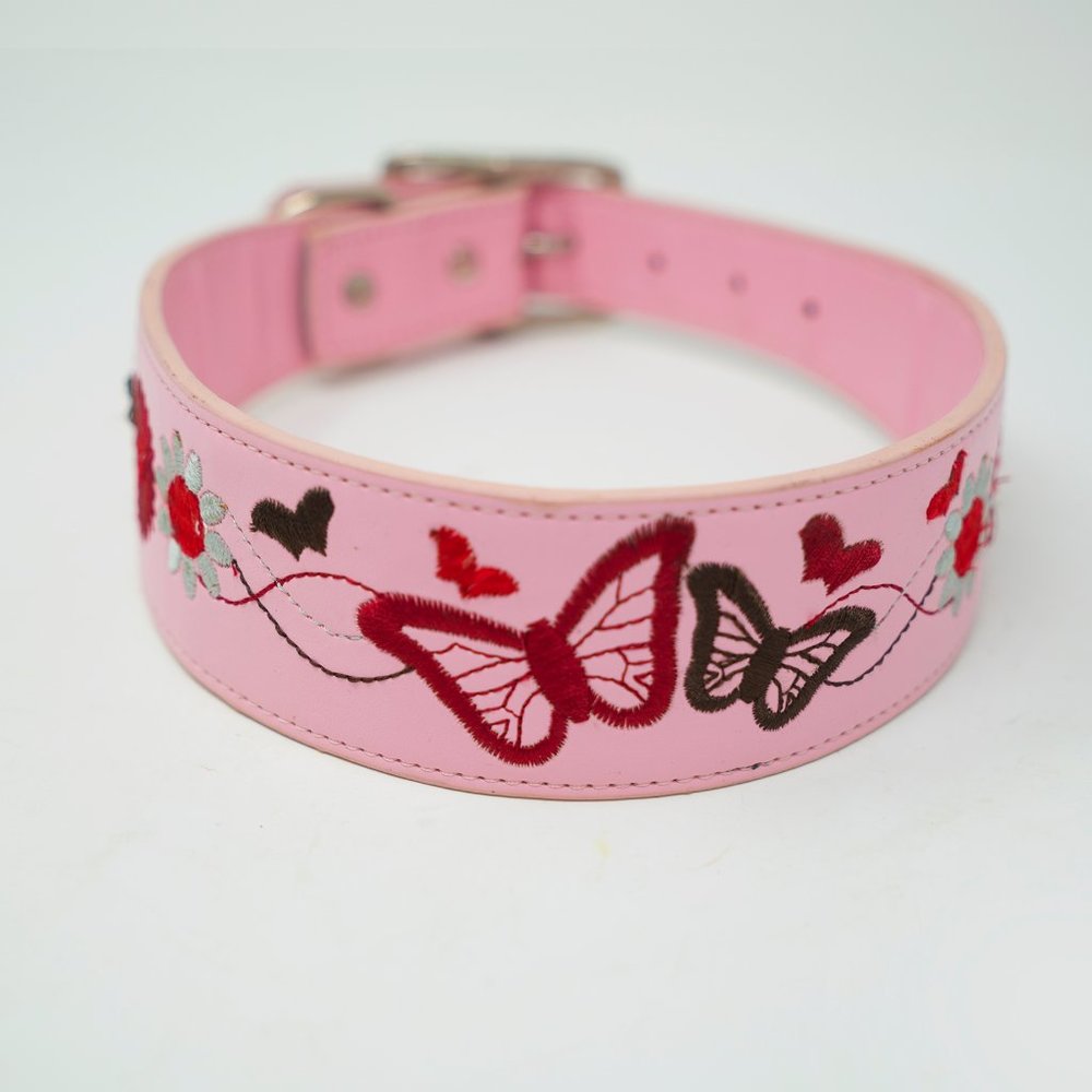 Pink Embroidered Butterfly Dog Collar